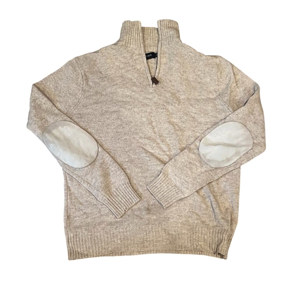 J.Crew Men’s Beige Lambswool 1/4 Zip Mock Sweater M Elbow Patches Classic Preppy